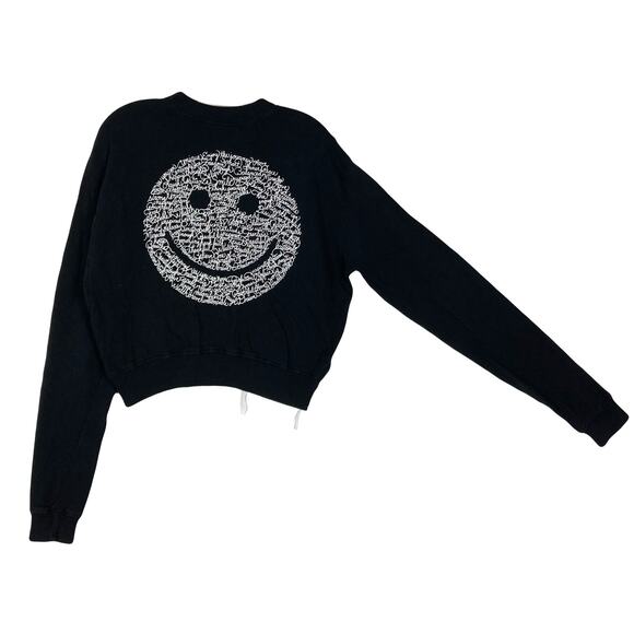 NWOT LAUREN MOSHI Sweatshirt XS Black Graphic White-Embroidery”Happy-face”Long-S - Picture 3 of 11